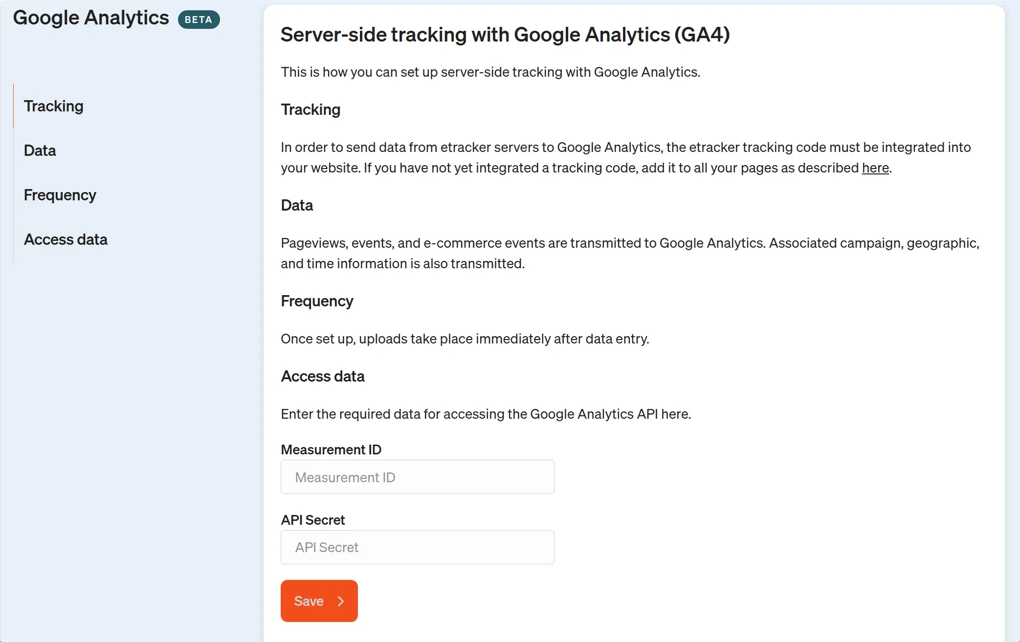 Screenshot GA Set up data stream