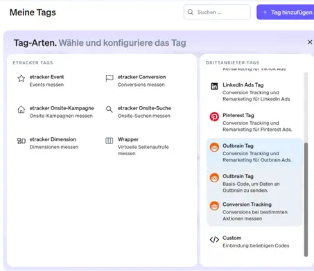 Screenshot Outbrain Tag im etracker tag manager