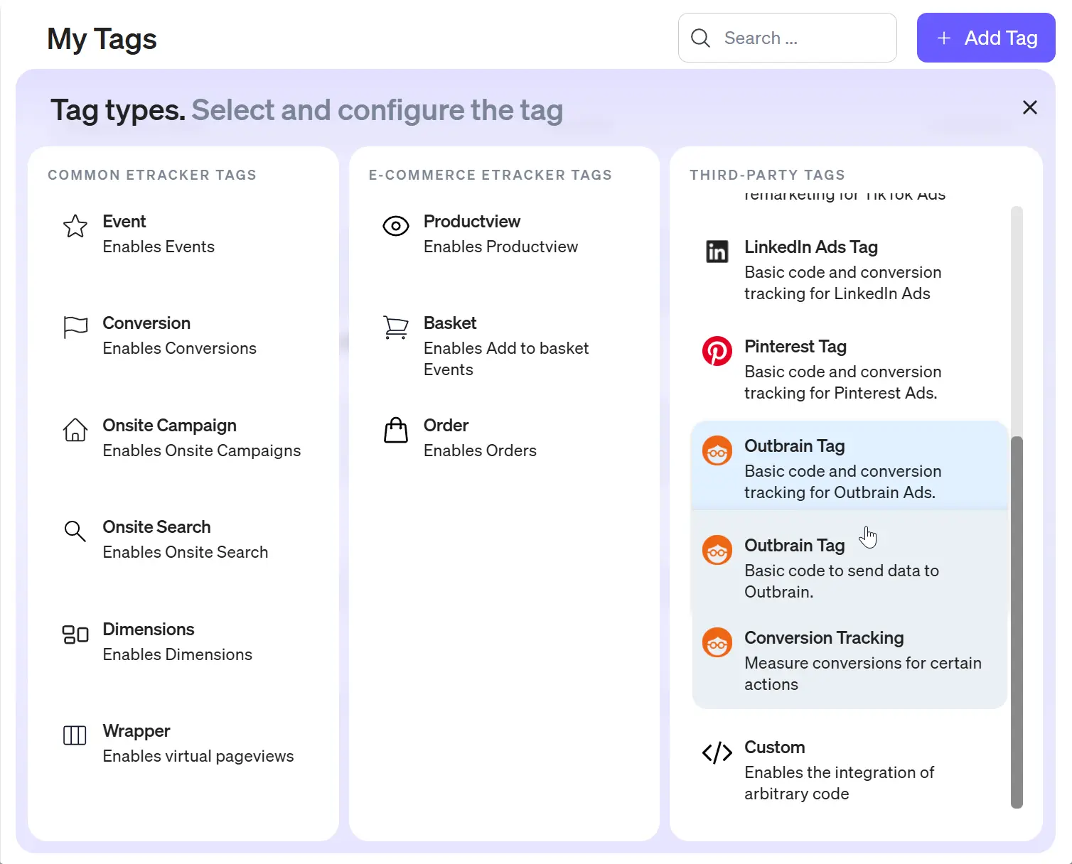 Screenshot of Outbrain tag in etracker tag manager