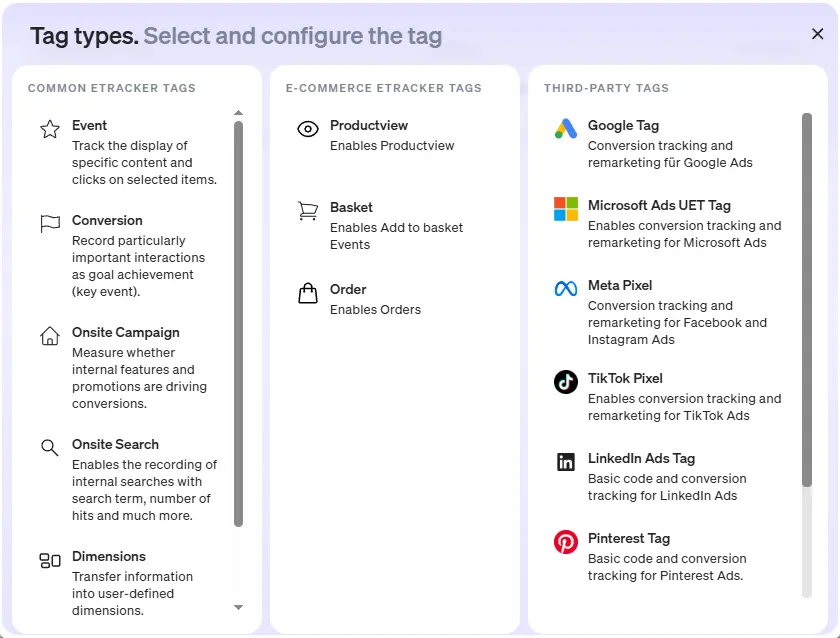 Screenshot of third-party tags in etracker analytics