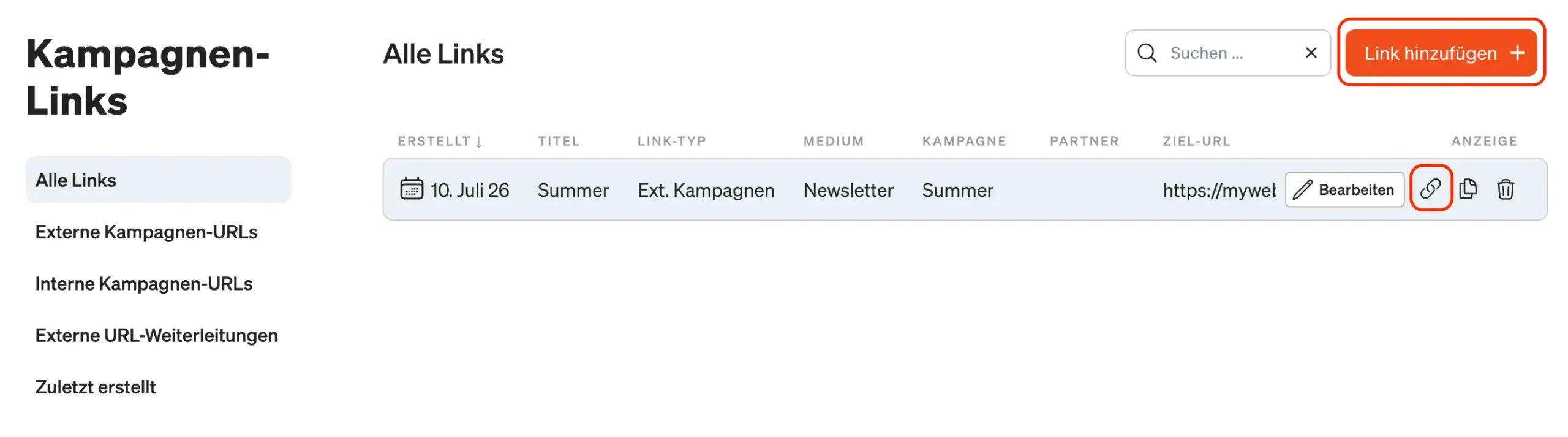 Screenshot etracker analytics Applikation Übersicht alle Kampagnen-Links