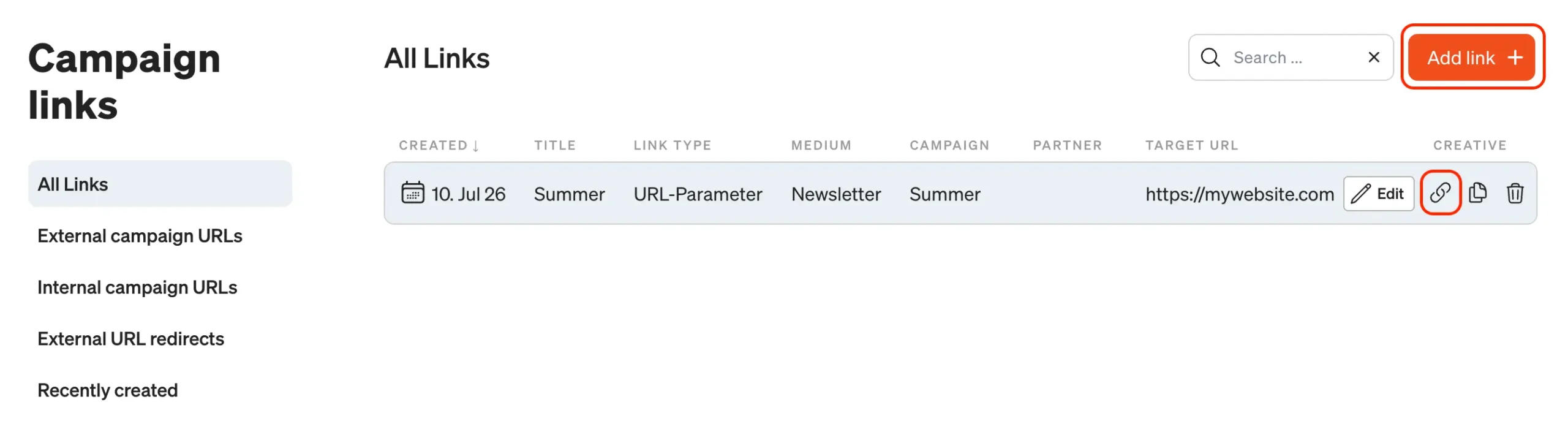Screenshot of etracker analytics application Overview of all campaign links