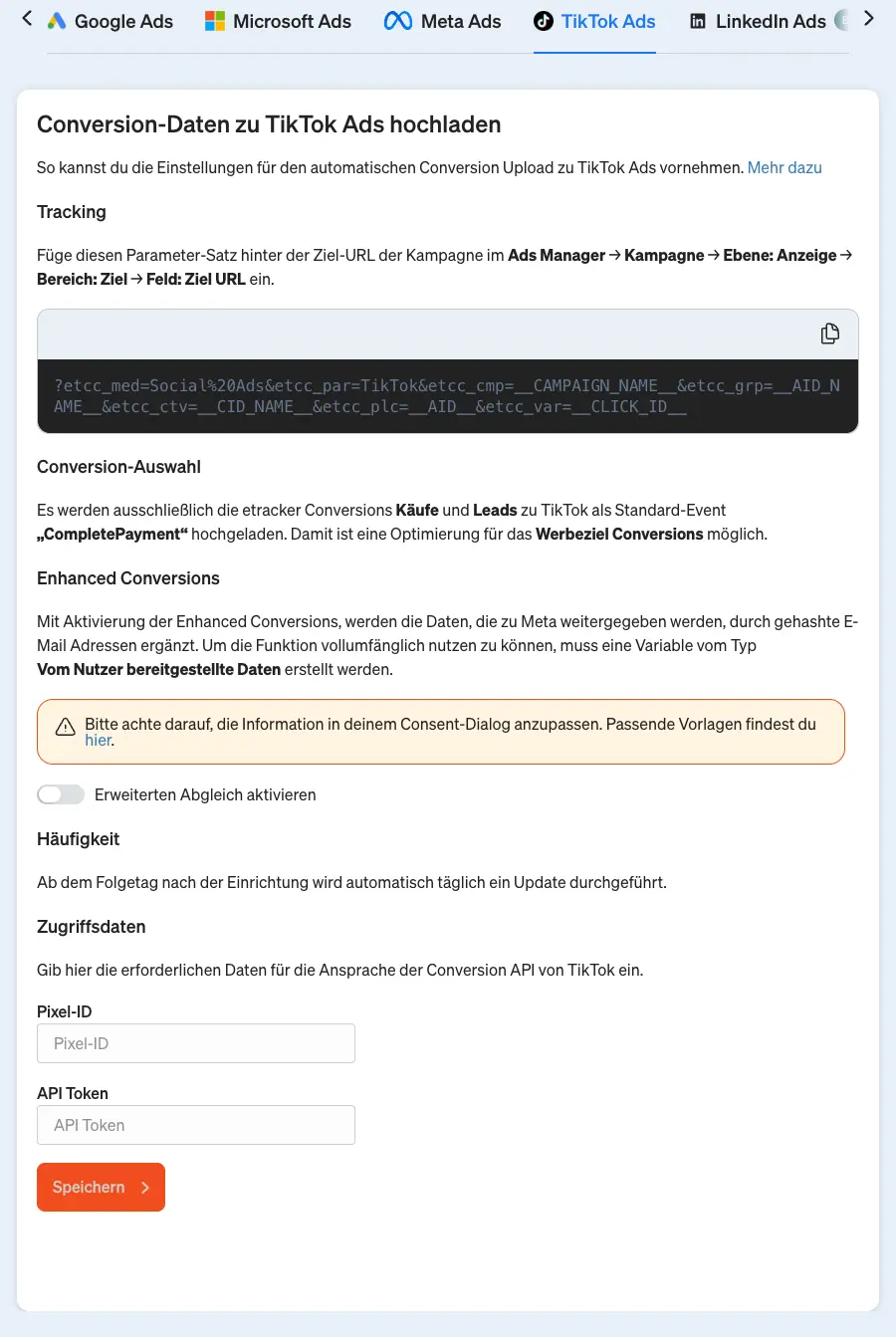 Hier kannst du in etracker analytics den TikTok Conversion-Upload einrichten.
