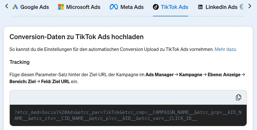 Mit Klick auf das Parameter-Feld kopierst du den vollständigen Parameter-Satz.