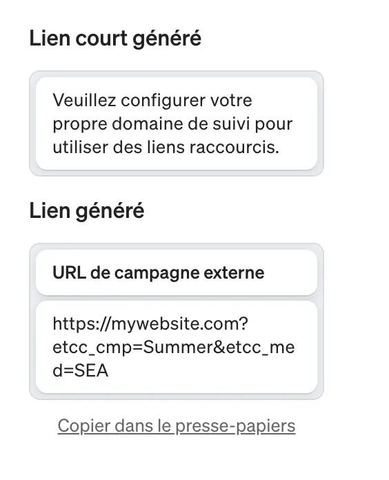 Capture d'écran du lien de campagne généré par etracker analytics