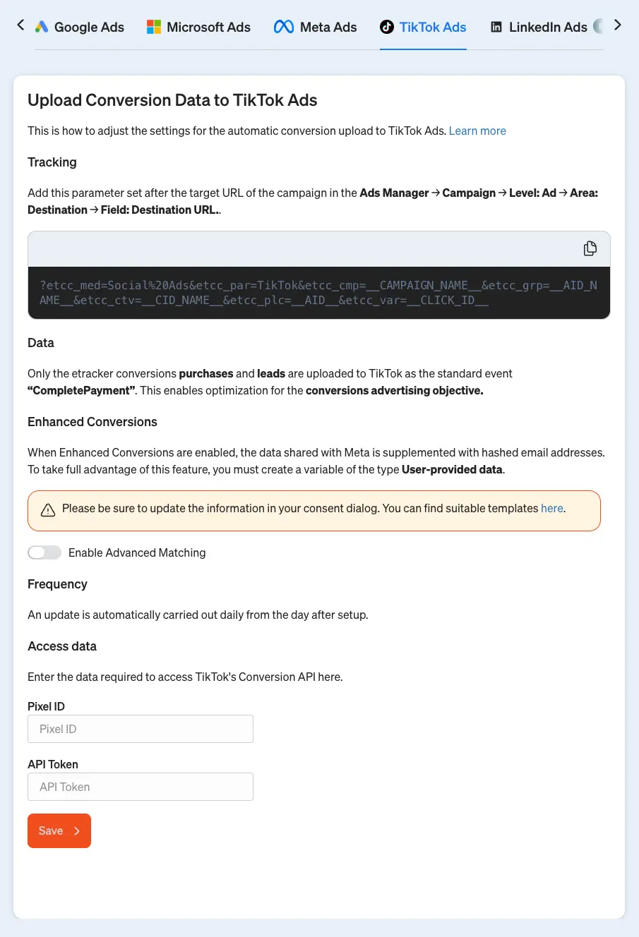 Here you can set up the TikTok conversion upload in etracker analytics.