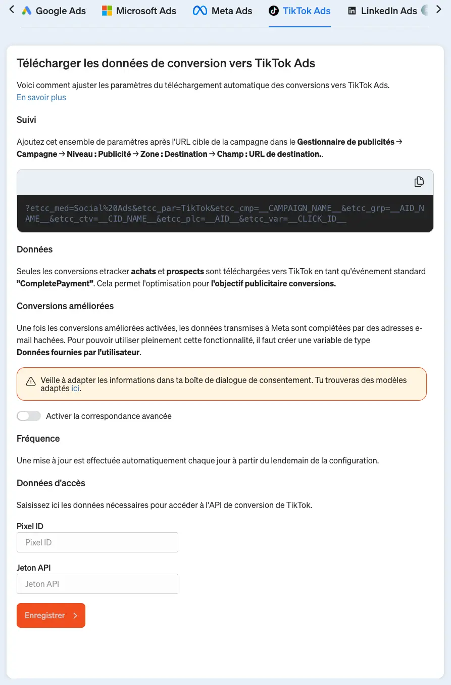 Ici, vous pouvez configurer le téléchargement de conversions TikTok dans etracker analytics.